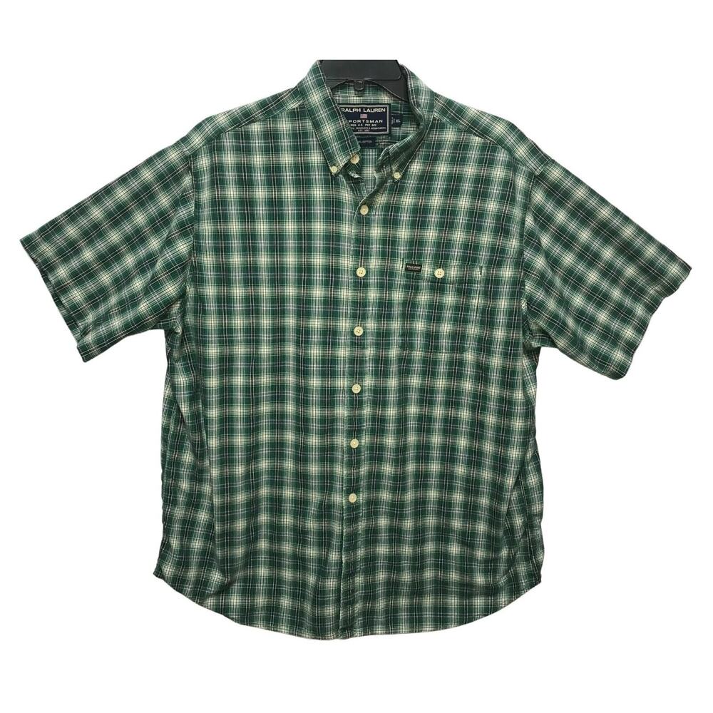 Ralph Lauren Sportsman Size XL Green White Plaid Short Sleeve Button Front Shirt